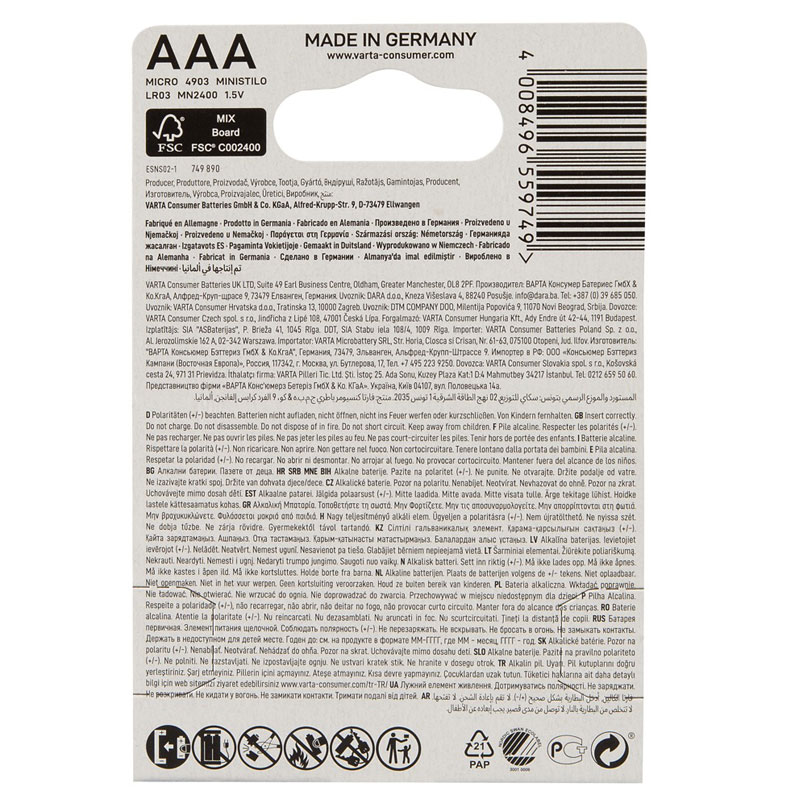 Varta Micro-Batterien AAA 4er Set Rückseite